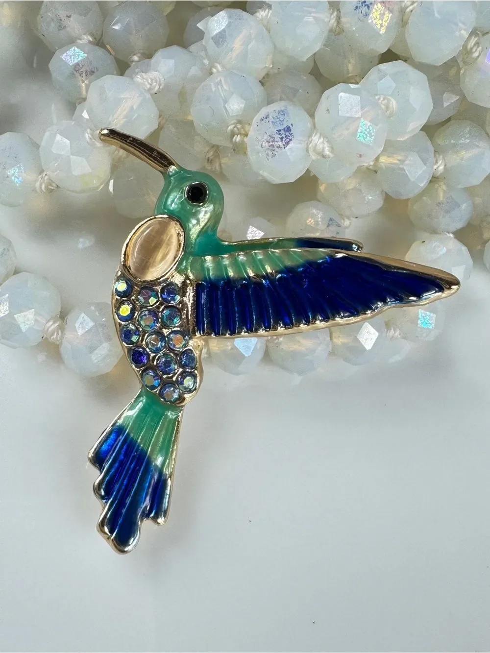 Enamel Hummingbird Brooch Pin in Teal and Blue